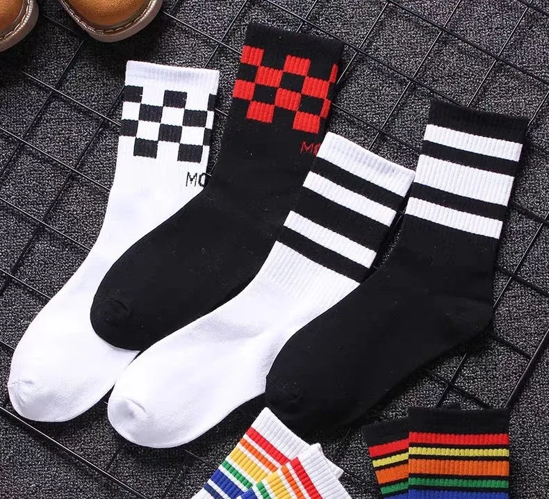 Trendy Pure Cotton Mid-calf Length Socks High-top Skateboard Basketball Socks Fashion Striped Athletic Socks