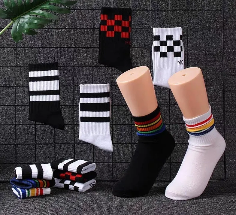 Trendy Pure Cotton Mid-calf Length Socks High-top Skateboard Basketball Socks Fashion Striped Athletic Socks