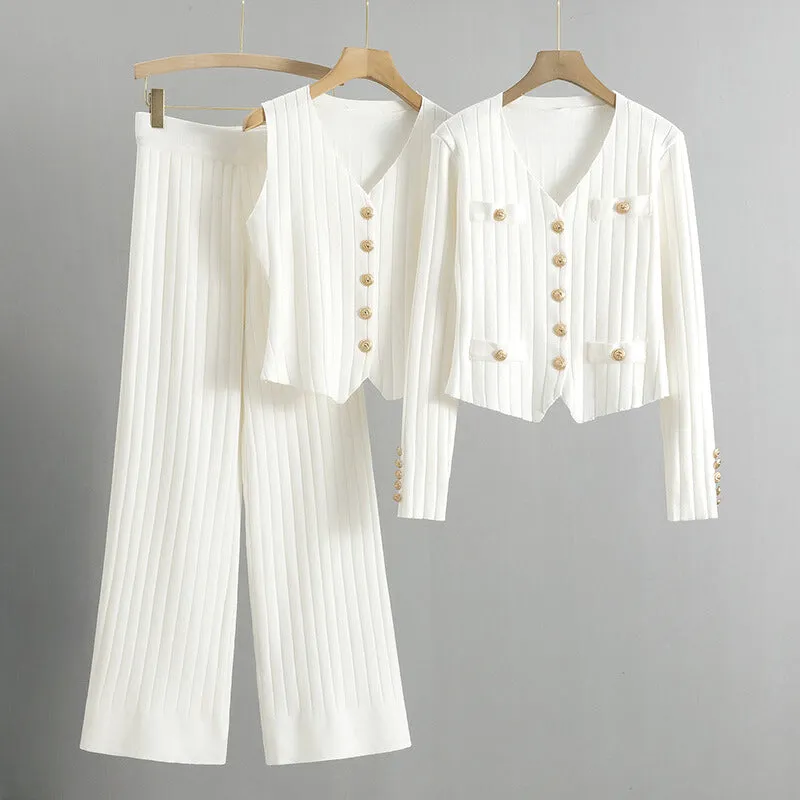 Tricot Knit Set – Buttoned Vest & Cardigan – Elegant Lounge Style