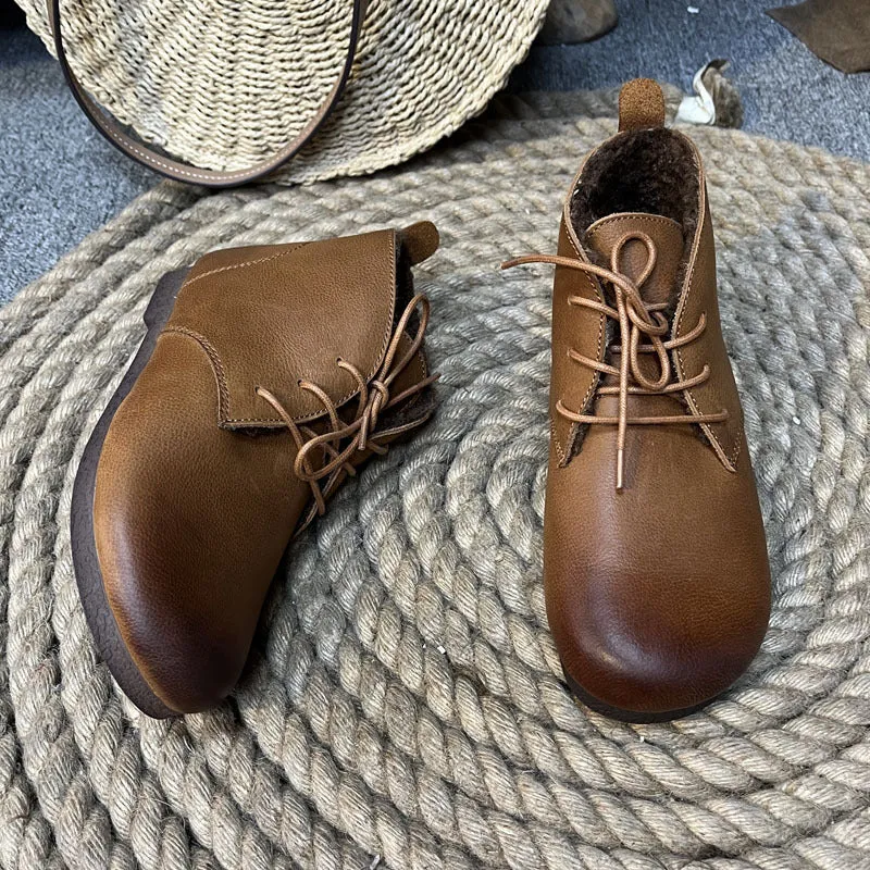 Vintage Leather Handmade Women's Flat Lace-up Martin Boots