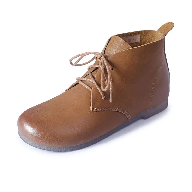 Vintage Leather Handmade Women's Flat Lace-up Martin Boots