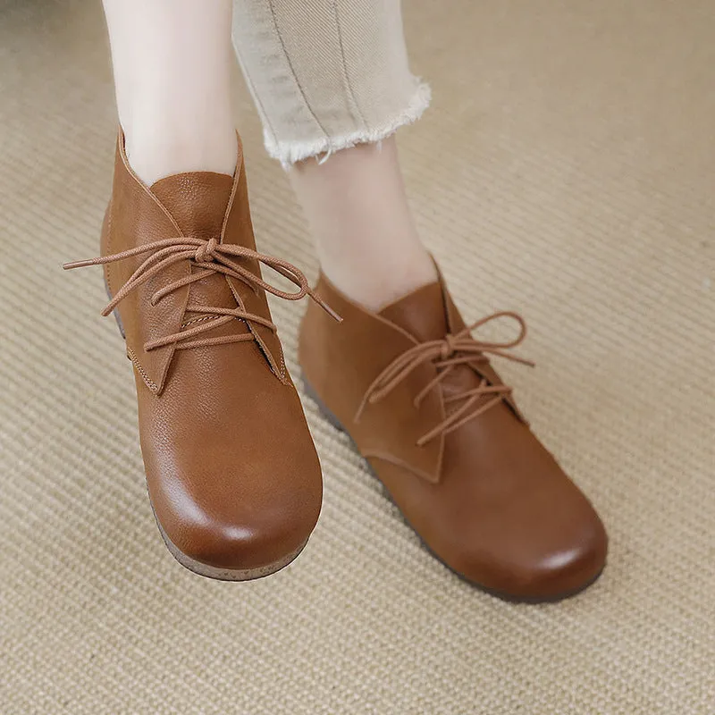 Vintage Leather Handmade Women's Flat Lace-up Martin Boots