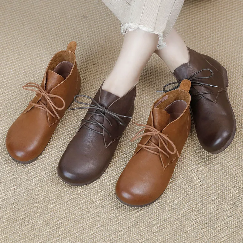 Vintage Leather Handmade Women's Flat Lace-up Martin Boots
