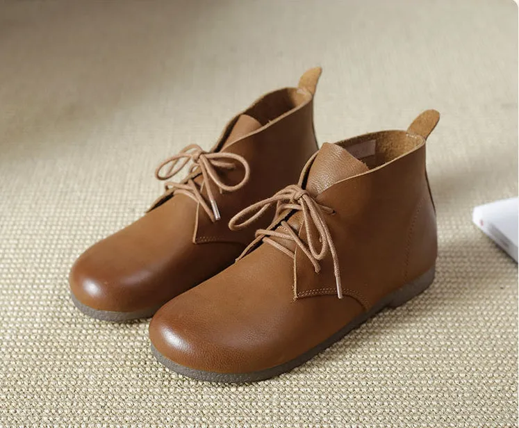 Vintage Leather Handmade Women's Flat Lace-up Martin Boots