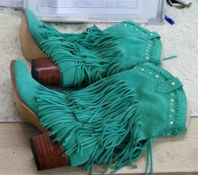 Women Mid-calf Low Heel Bohemia Style Gladiator Motorcycle Boots Fringed Cowboy Boots Shoes Spring Autumn Women Tassel Boots