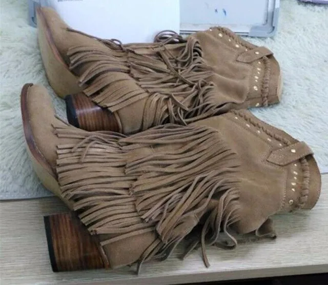 Women Mid-calf Low Heel Bohemia Style Gladiator Motorcycle Boots Fringed Cowboy Boots Shoes Spring Autumn Women Tassel Boots