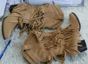 Women Mid-calf Low Heel Bohemia Style Gladiator Motorcycle Boots Fringed Cowboy Boots Shoes Spring Autumn Women Tassel Boots
