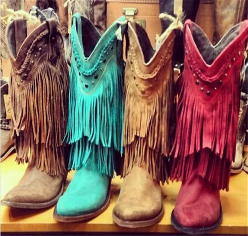 Women Mid-calf Low Heel Bohemia Style Gladiator Motorcycle Boots Fringed Cowboy Boots Shoes Spring Autumn Women Tassel Boots
