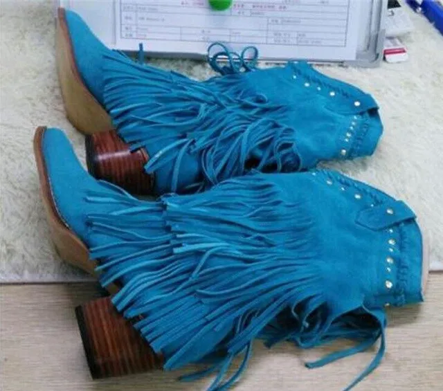 Women Mid-calf Low Heel Bohemia Style Gladiator Motorcycle Boots Fringed Cowboy Boots Shoes Spring Autumn Women Tassel Boots