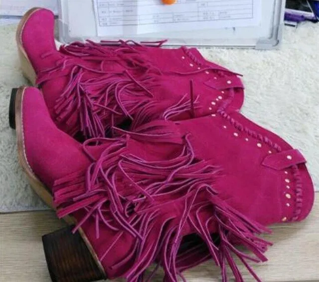 Women Mid-calf Low Heel Bohemia Style Gladiator Motorcycle Boots Fringed Cowboy Boots Shoes Spring Autumn Women Tassel Boots