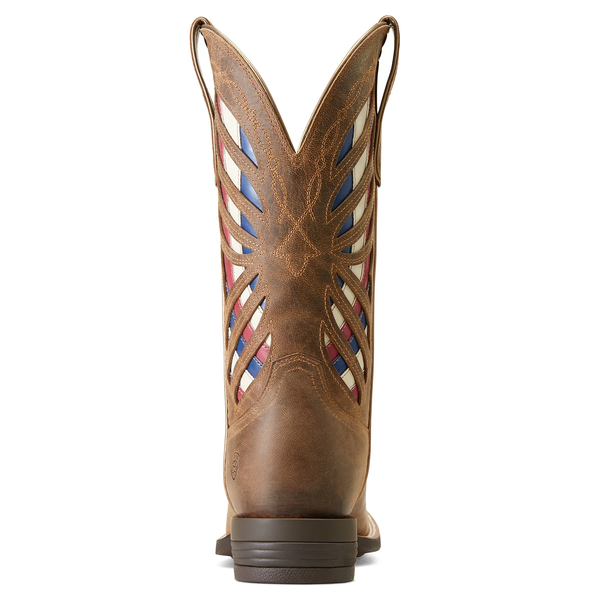 Women's Ariat Brown Longview Broad Square Toe Western Boots with Red/White/Blue Inlay