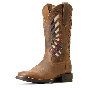 Women's Ariat Brown Longview Broad Square Toe Western Boots with Red/White/Blue Inlay