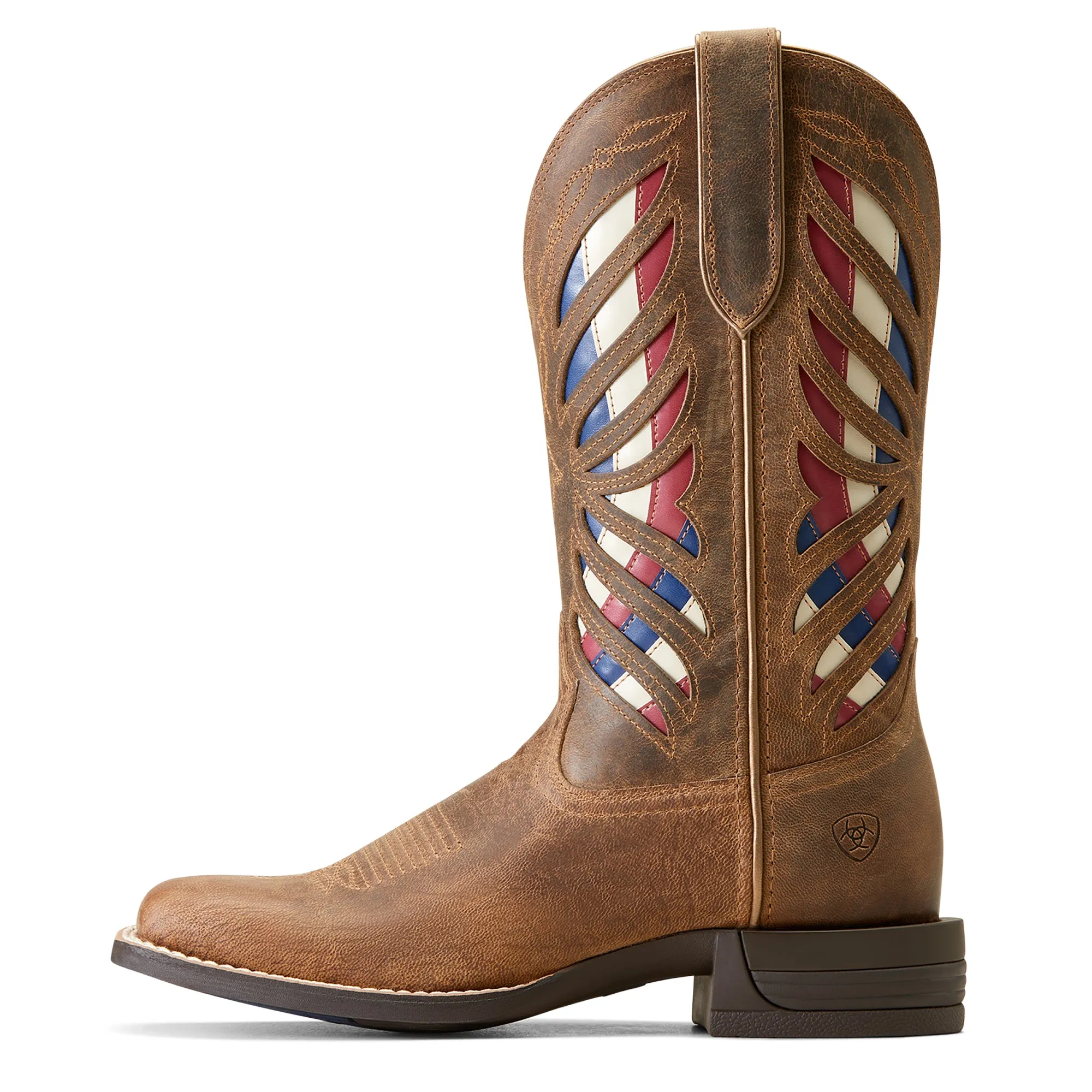 Women's Ariat Brown Longview Broad Square Toe Western Boots with Red/White/Blue Inlay
