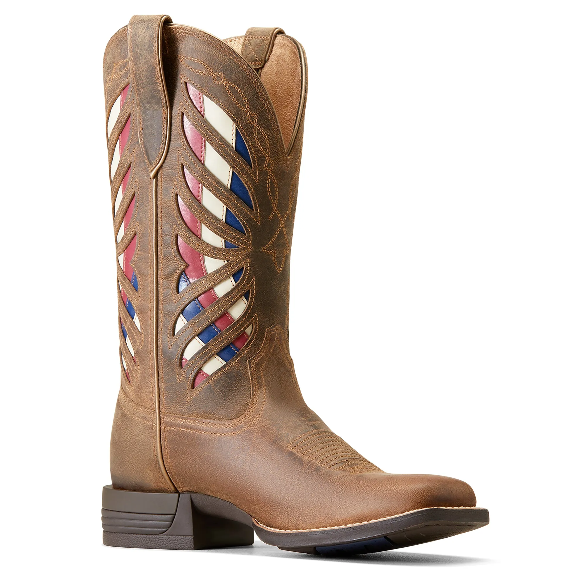 Women's Ariat Brown Longview Broad Square Toe Western Boots with Red/White/Blue Inlay