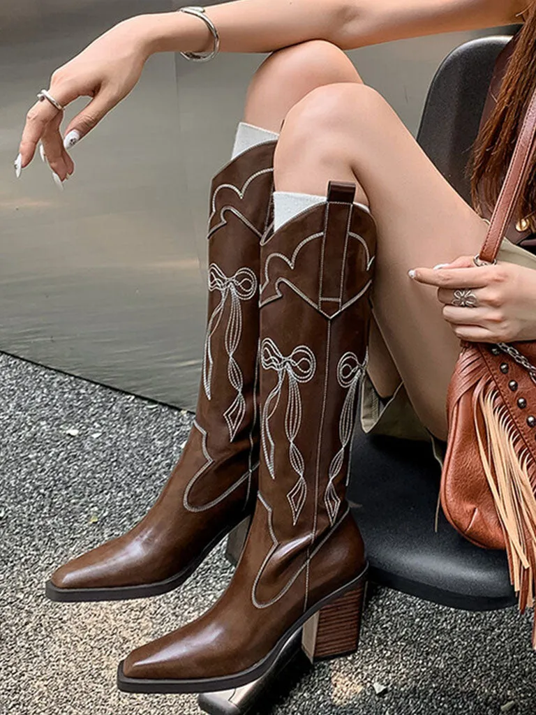 Women's Boots Pointed Toe Chunky Heel Bohemian Embroidery Knee High Boots