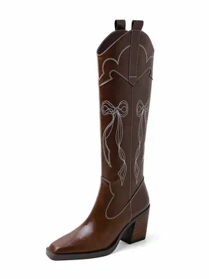 Women's Boots Pointed Toe Chunky Heel Bohemian Embroidery Knee High Boots