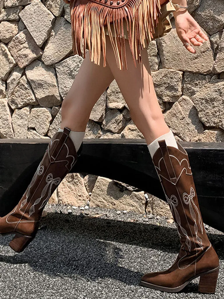 Women's Boots Pointed Toe Chunky Heel Bohemian Embroidery Knee High Boots