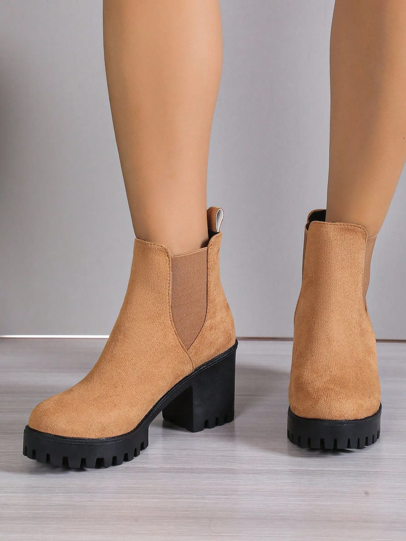 Women's Thick-heeled Ankle Chelsea Boots, Elastic Pu Leather Casual Booties With Solid Heel, Ladies' Footwear