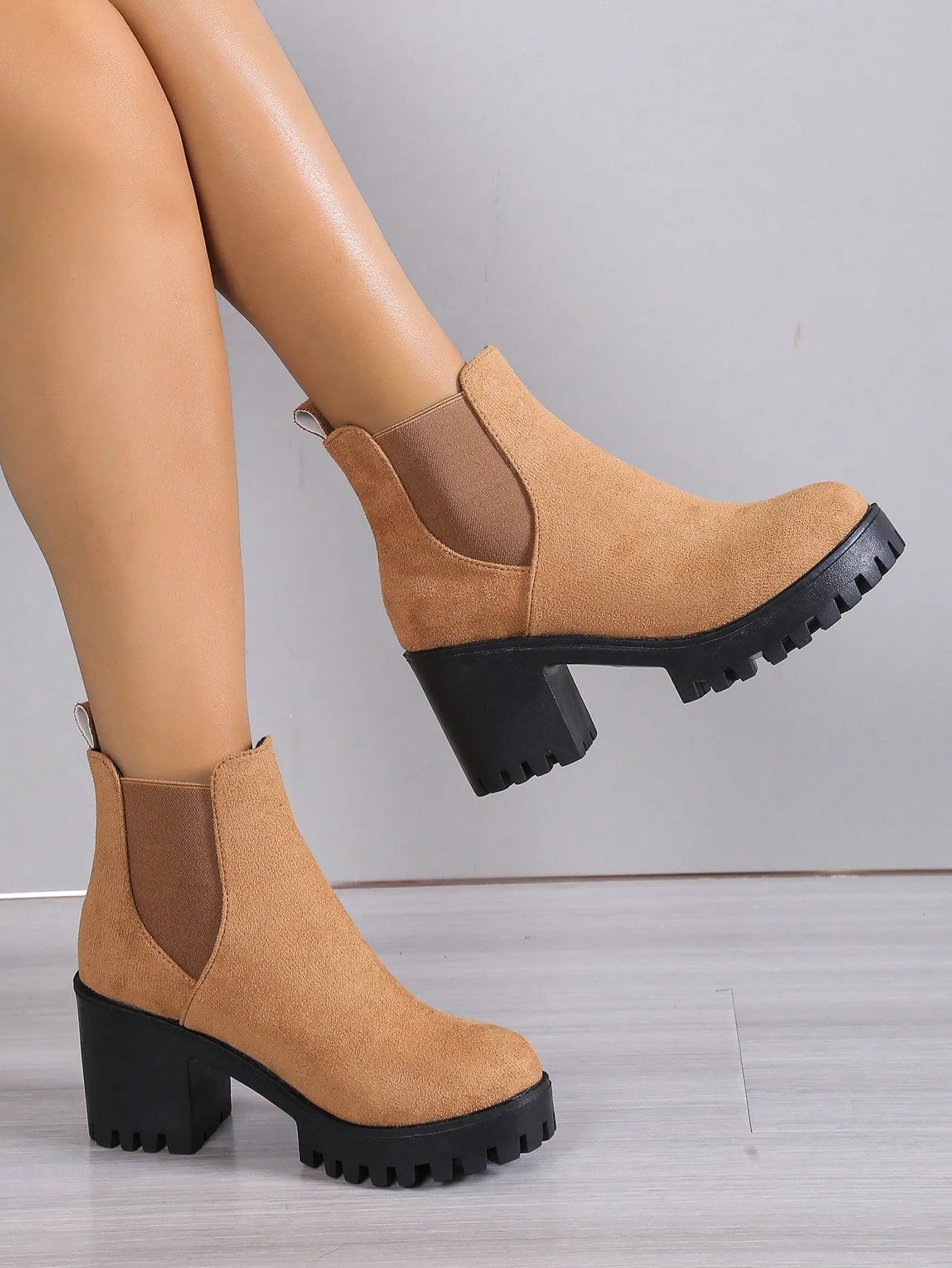 Women's Thick-heeled Ankle Chelsea Boots, Elastic Pu Leather Casual Booties With Solid Heel, Ladies' Footwear