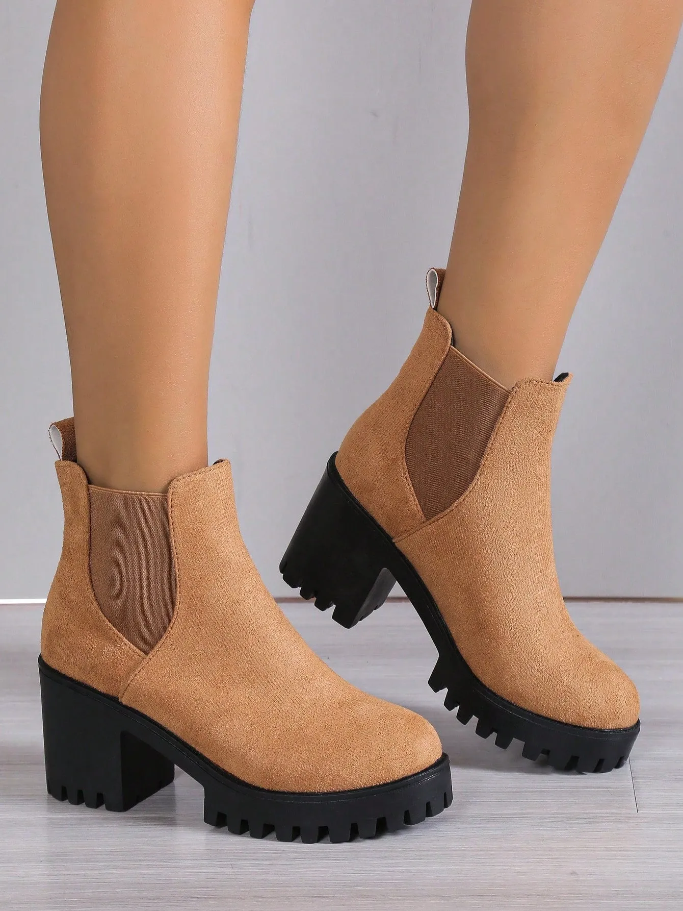Women's Thick-heeled Ankle Chelsea Boots, Elastic Pu Leather Casual Booties With Solid Heel, Ladies' Footwear