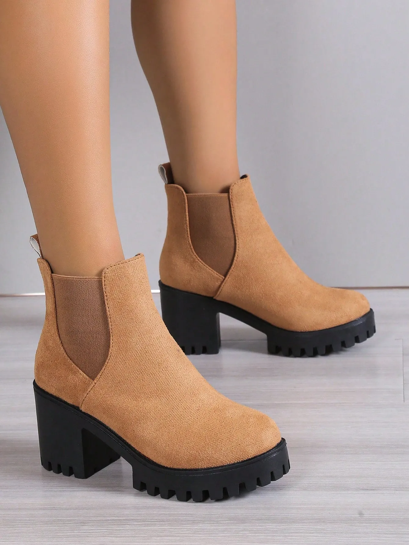 Women's Thick-heeled Ankle Chelsea Boots, Elastic Pu Leather Casual Booties With Solid Heel, Ladies' Footwear