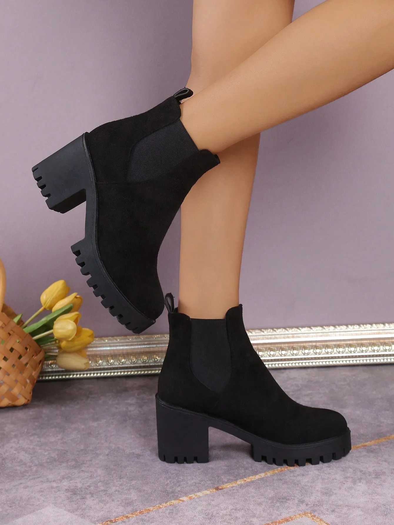 Women's Thick-heeled Ankle Chelsea Boots, Elastic Pu Leather Casual Booties With Solid Heel, Ladies' Footwear