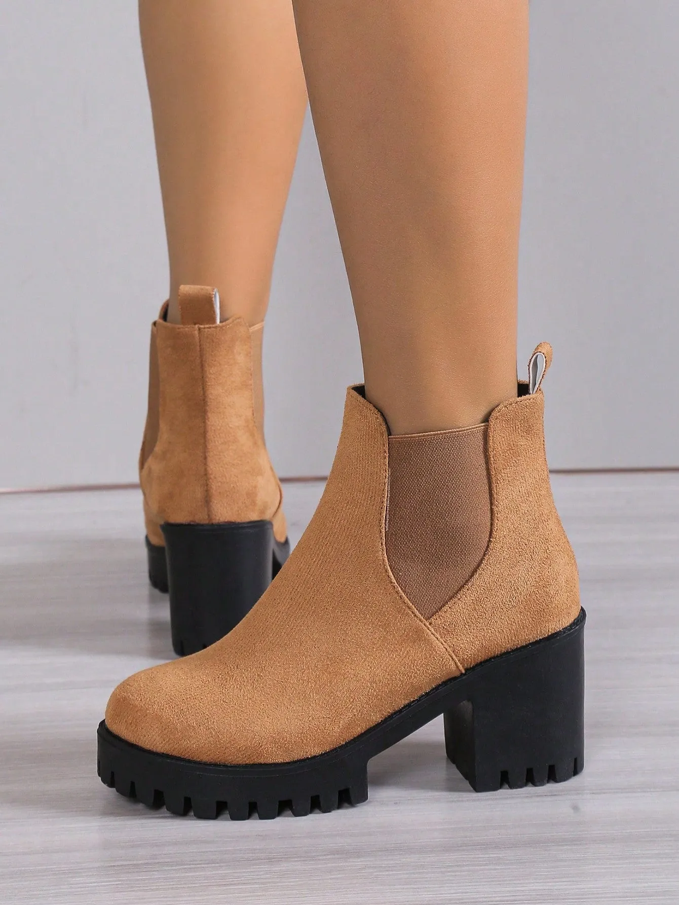 Women's Thick-heeled Ankle Chelsea Boots, Elastic Pu Leather Casual Booties With Solid Heel, Ladies' Footwear